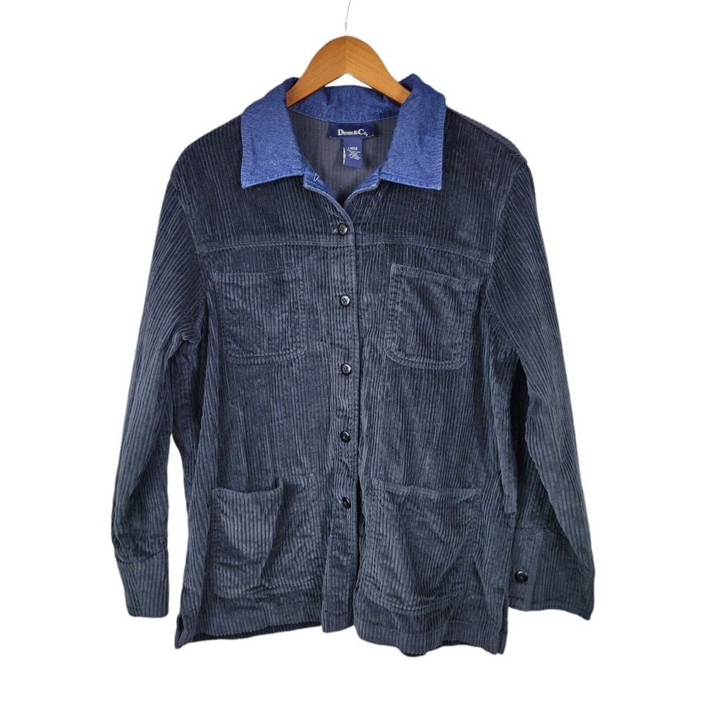 Vintage Denim Co Corduroy Shirt Jacket Size Large Shacket Top Jean Collar Black